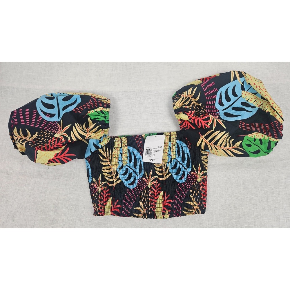 NWT Forever 21 Tropical Leaf Crop Top Puff Sleeve Smocked Boho Festival Size S